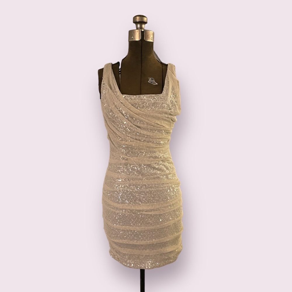 Express | Silver Sequin Ruched Bodycon Dress with Tan Sparkly Mesh Overlay